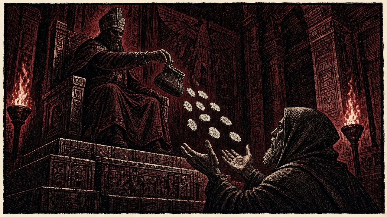 A high priest pours thirty pieces of silver into a beggar's open hands, torchlit temple